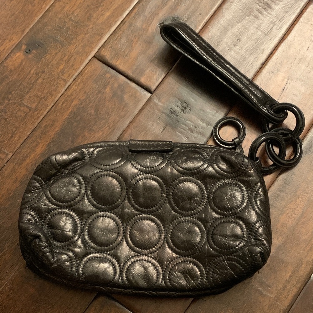 Sequoia Metallic Brownish Black Quilted Circle Vegan Leather Wristlet Clutch Bag
